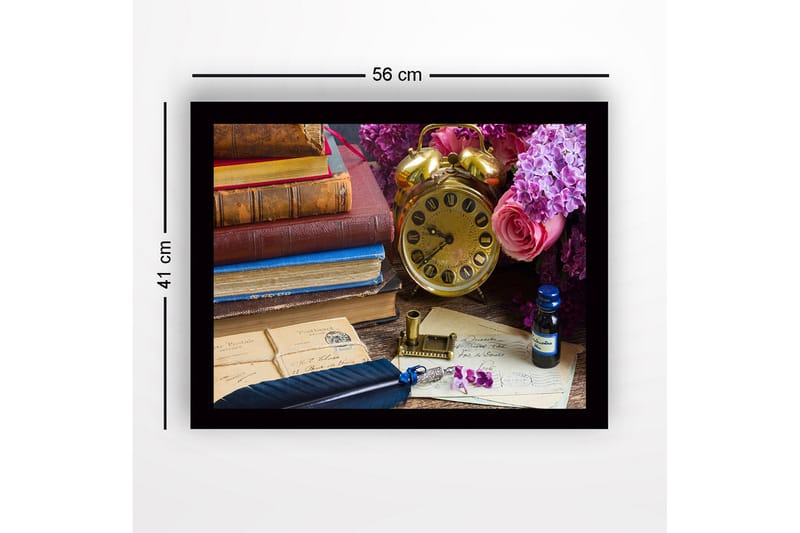 Innrammet lerretsbilde i tre - 41x56 cm - Vintage skrivebordsscene med bøker, klokke og blomster - Gull / Lilla / Rosa - Interiør - Maleri & posters - Lerretsbilder