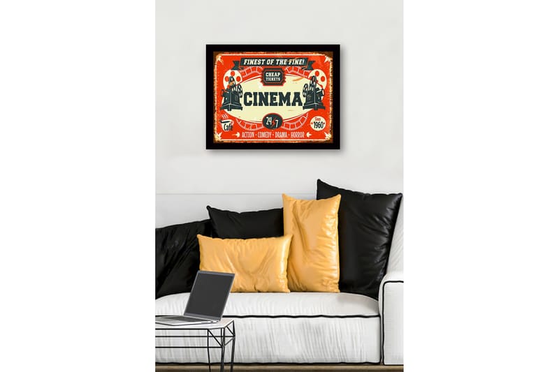 Innrammet lerretsbilde i tre - 41x56 cm - Vintage plakat for kino med filmprojektor og billetter - Rød / Svart / Beige - Interiør - Maleri & posters - Lerretsbilder