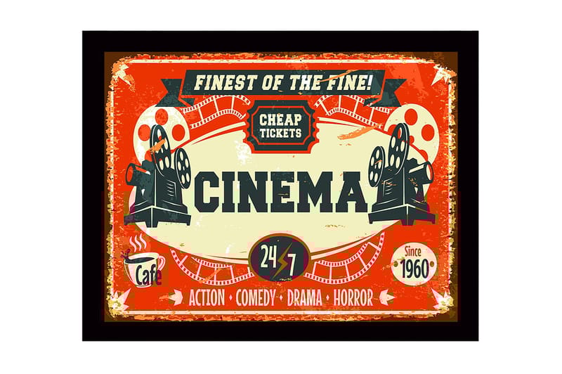 Innrammet lerretsbilde i tre - 41x56 cm - Vintage plakat for kino med filmprojektor og billetter, Rød / Svart / Beige