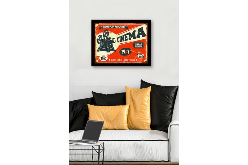 Innrammet lerretsbilde i tre - 41x56 cm - Vintage plakat for kino med filmprojektor - Rød / Svart / Beige - Interiør - Maleri & posters - Lerretsbilder