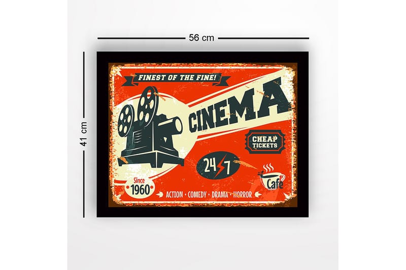 Innrammet lerretsbilde i tre - 41x56 cm - Vintage plakat for kino med filmprojektor - Rød / Svart / Beige - Interiør - Maleri & posters - Lerretsbilder