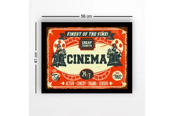 Innrammet lerretsbilde i tre - 41x56 cm - Vintage plakat for kino med filmprojektor og billetter - Rød / Svart / Beige - Interiør - Maleri & posters - Lerretsbilder