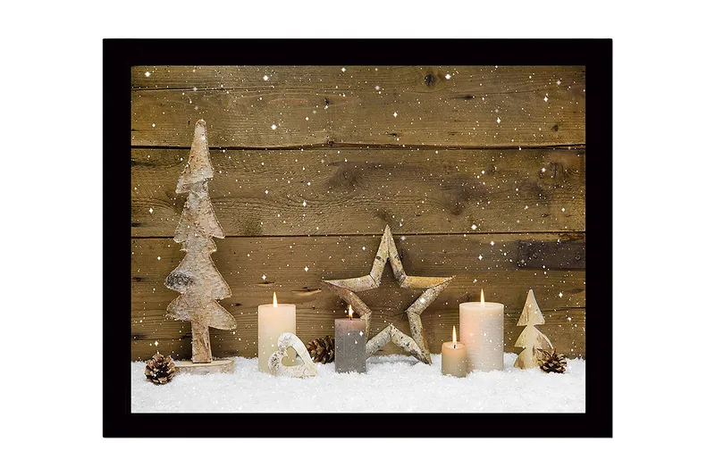 Innrammet lerretsbilde i tre - 41x56 cm - Vinterlandskap med dekorasjoner av trær og lys, Hvit / Beige / Brun