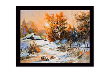 Innrammet lerretsbilde i tre - 41x56 cm - Vinterlandskap med snødekte trær og en hytte i bakgrunnen - Oransje / Hvit / Blå - Interiør - Maleri & posters - Lerretsbilder
