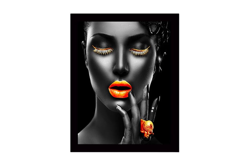 Innrammet lerretsbilde i tre - 41x56 cm - Portrett av en kvinne med sterke farger på lepper og øyevipper, Oransje / Svart