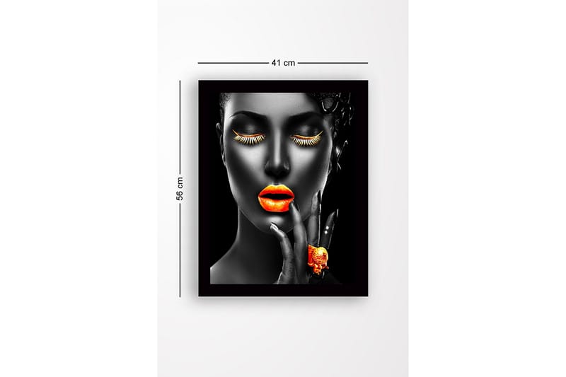 Innrammet lerretsbilde i tre - 41x56 cm - Portrett av en kvinne med sterke farger på lepper og øyevipper - Oransje / Svart - Interiør - Maleri & posters - Lerretsbilder