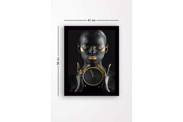Innrammet lerretsbilde i tre - 41x56 cm - Portrett av en kvinne med svart hud og gulldetaljer som holder en klokke - Svart / Gull / Brun - Interiør - Maleri & posters - Lerretsbilder
