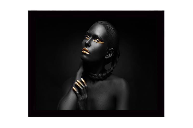 Innrammet lerretsbilde i tre - 41x56 cm - Portrett av en kvinne med svart hud og gylne detaljer, Svart / Gull
