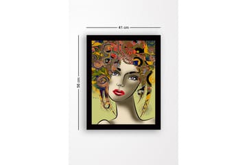 Innrammet lerretsbilde i tre - 41x56 cm - Portrett av en kvinne med fargerik frisyre og sterke ansiktstrekk - Rød / Gul / Grønn - Interiør - Maleri & posters - Lerretsbilder