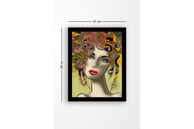 Innrammet lerretsbilde i tre - 41x56 cm - Portrett av en kvinne med fargerik frisyre og sterke ansiktstrekk - Rød / Gul / Grønn - Interiør - Maleri & posters - Lerretsbilder