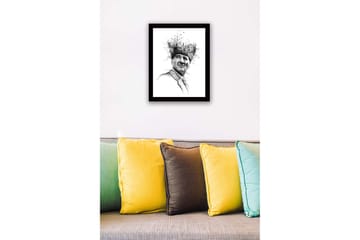 Innrammet lerretsbilde i tre - 41x56 cm - Portrett av en mann med et kreativt og naturinspirert hodeplagg - Svart / Hvit - Interiør - Maleri & posters - Lerretsbilder