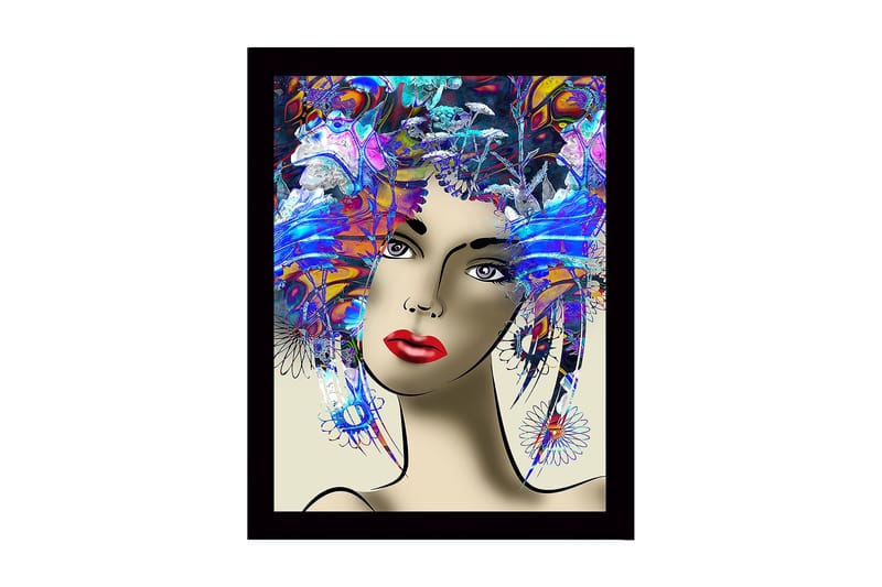 Innrammet lerretsbilde i tre - 41x56 cm - Portrett av en kvinne med fargerik frisyre og sterke ansiktstrekk, Blå / Rød / Lilla