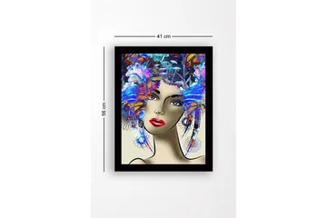 Innrammet lerretsbilde i tre - 41x56 cm - Portrett av en kvinne med fargerik frisyre og sterke ansiktstrekk - Blå / Rød / Lilla - Interiør - Maleri & posters - Lerretsbilder