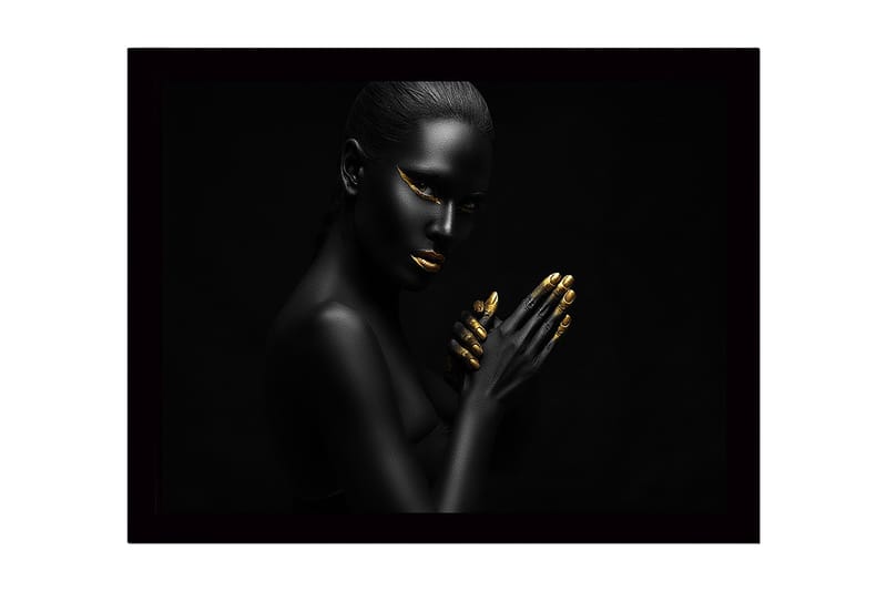 Innrammet lerretsbilde i tre - 41x56 cm - Portrett av en kvinne med svart hud og gylne detaljer, Svart / Gull
