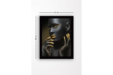 Innrammet lerretsbilde i tre - 41x56 cm - Portrett av en kvinne med svart kroppsmaling og gulldetaljer - Svart / Gull - Interiør - Maleri & posters - Lerretsbilder