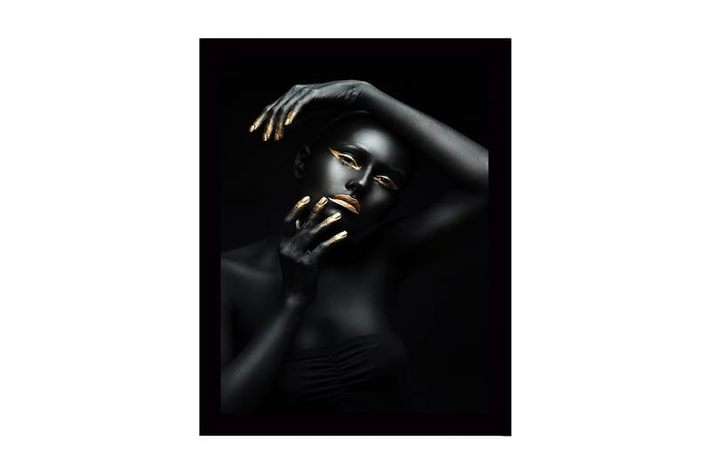 Innrammet lerretsbilde i tre - 41x56 cm - Portrett av en kvinne med svart kroppsmaling og gulldetaljer, Svart / Gull