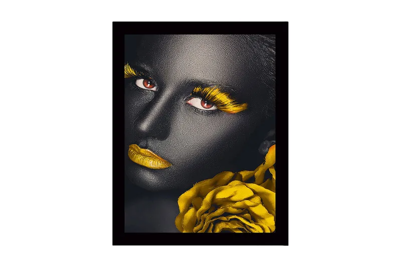 Innrammet lerretsbilde i tre - 41x56 cm - Portrett av en kvinne med svart hud og gule detaljer, Svart / Gul / Rød