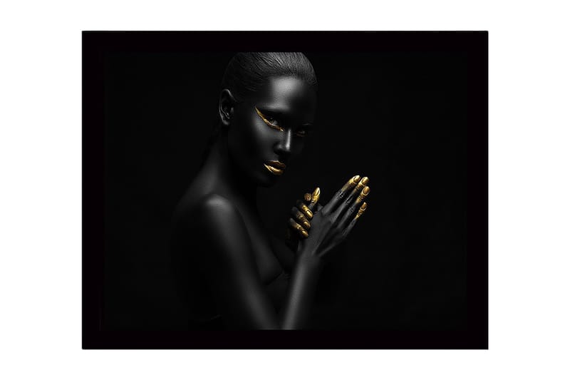 Innrammet lerretsbilde i tre - 41x56 cm - Portrett av en kvinne med svart hud og gylne detaljer, Svart / Gull