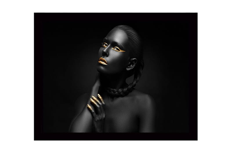 Innrammet lerretsbilde i tre - 41x56 cm - Portrett av en kvinne med svart hud og gylne detaljer, Svart / Gull