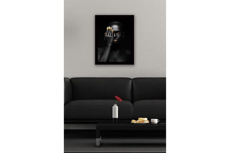 Innrammet lerretsbilde i tre - 41x56 cm - Portrett av en kvinne med en hånd som dekker halve ansiktet - Svart / Gull - Interiør - Maleri & posters - Lerretsbilder