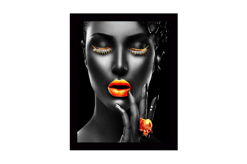 Innrammet lerretsbilde i tre - 41x56 cm - Portrett av en kvinne med sterke farger på lepper og øyevipper, Oransje / Svart