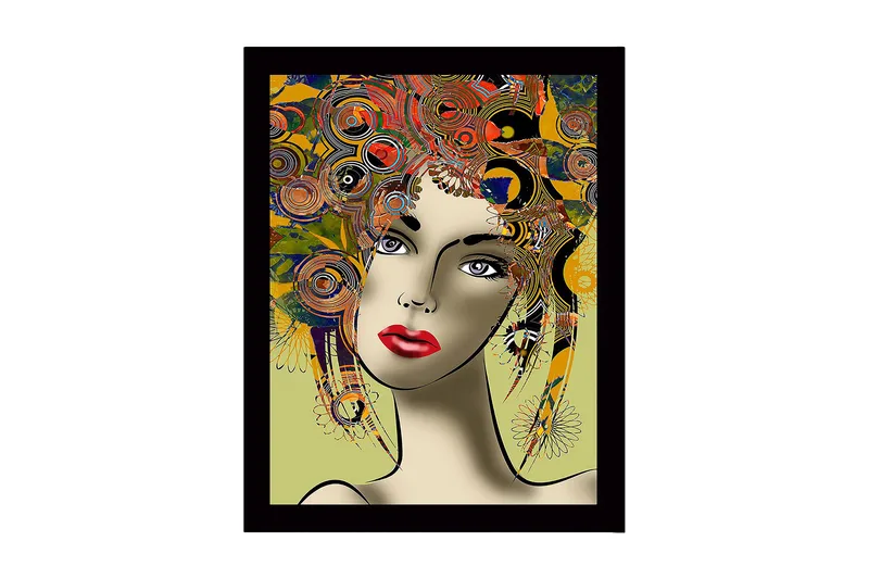 Innrammet lerretsbilde i tre - 41x56 cm - Portrett av en kvinne med fargerik frisyre og sterke ansiktstrekk, Rød / Gul / Grønn