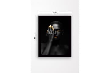 Innrammet lerretsbilde i tre - 41x56 cm - Portrett av en kvinne med en hånd som dekker halve ansiktet - Svart / Gull - Interiør - Maleri & posters - Lerretsbilder