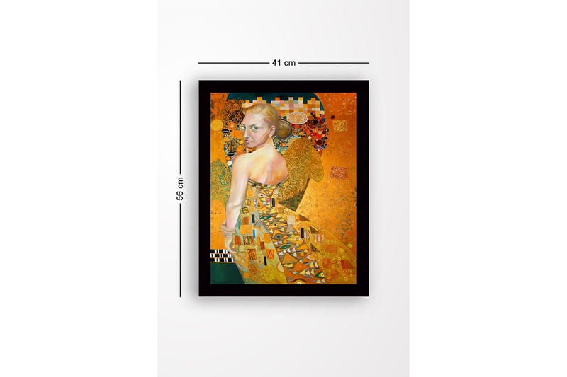 Innrammet lerretsbilde i tre - 41x56 cm - Portrett av en kvinne med gyllen kjole og detaljerte mønstre - Gull / Beige / Grønn - Interiør - Maleri & posters - Lerretsbilder