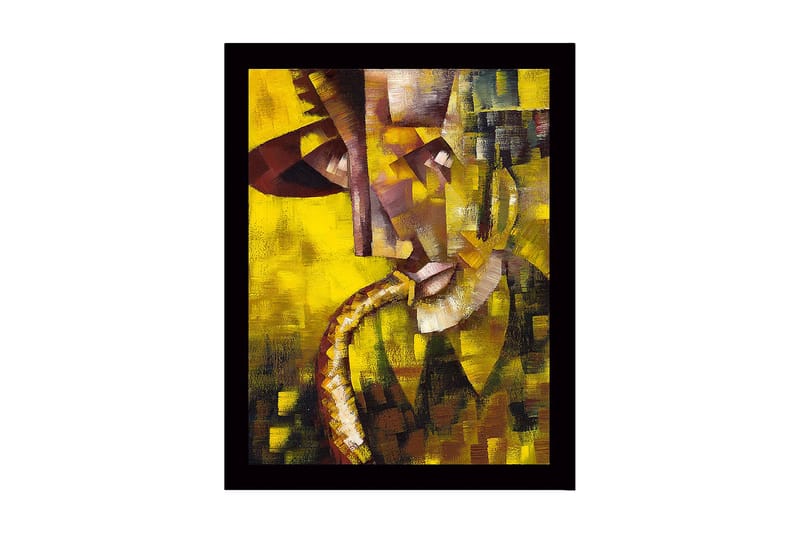 Innrammet trelerretsbilde - 41x56 cm - Abstrakt portrett av en musiker med saksofon, Gul / Brun / Grå