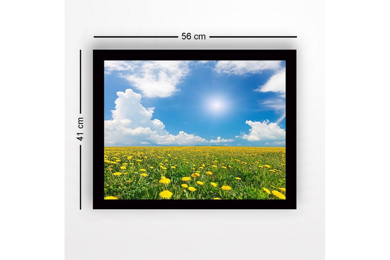 Innrammet trelerretsbilde - 41x56 cm - Blomstrende felt med løvetann under en klar blå himmel - Gul / Grønn / Blå - Interiør - Maleri & posters - Lerretsbilder