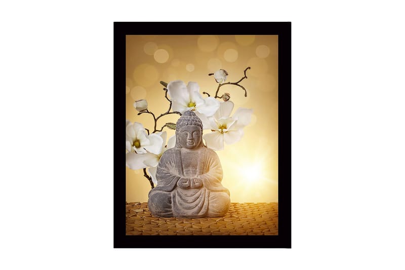 Innrammet trelerretsbilde - 41x56 cm - Buddha-statue omgitt av hvite magnoliaer, Grå / Hvit / Gul