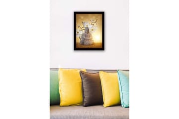 Innrammet trelerretsbilde - 41x56 cm - Buddha-statue omgitt av hvite magnoliaer - Grå / Hvit / Gul - Interiør - Maleri & posters - Lerretsbilder