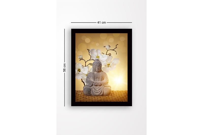 Innrammet trelerretsbilde - 41x56 cm - Buddha-statue omgitt av hvite magnoliaer - Grå / Hvit / Gul - Interiør - Maleri & posters - Lerretsbilder