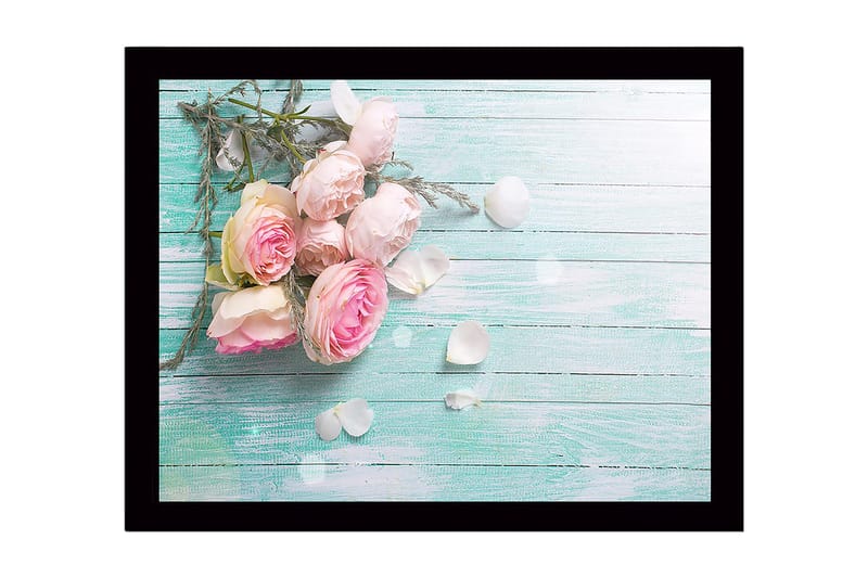 Innrammet trelerretsbilde - 41x56 cm - Bukett med rosa roser med blader og kronblader på en lysegrønn bakgrunn, Rosa / Lys grønn / Hvit
