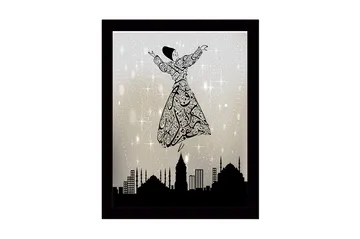 Innrammet trelerretsbilde - 41x56 cm - Dansende figur i en utsmykket kjole som svever over en bysilhuett - Svart / Grå / Hvit - Interiør - Maleri & posters - Lerretsbilder