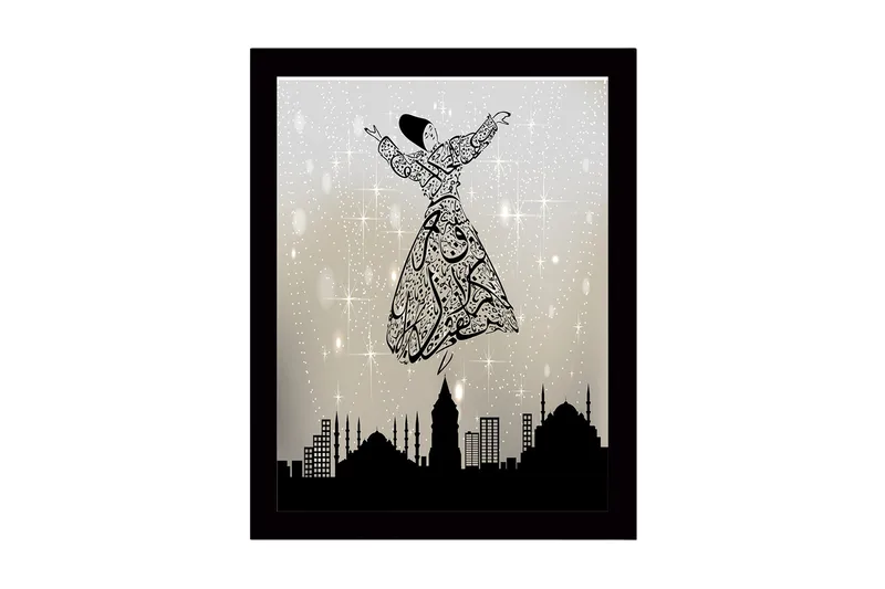 Innrammet trelerretsbilde - 41x56 cm - Dansende figur i en utsmykket kjole som svever over en bysilhuett, Svart / Grå / Hvit