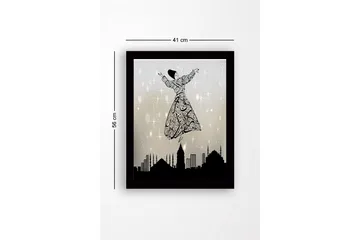 Innrammet trelerretsbilde - 41x56 cm - Dansende figur i en utsmykket kjole som svever over en bysilhuett - Svart / Grå / Hvit - Interiør - Maleri & posters - Lerretsbilder