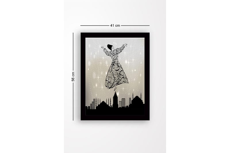 Innrammet trelerretsbilde - 41x56 cm - Dansende figur i en utsmykket kjole som svever over en bysilhuett - Svart / Grå / Hvit - Interiør - Maleri & posters - Lerretsbilder