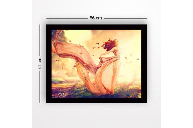 Innrammet trelerretsbilde - 41x56 cm - Dansende kvinne i en flagrende kjole omgitt av høstblader - Lys rosa / Oransje / Gull - Interiør - Maleri & posters - Lerretsbilder