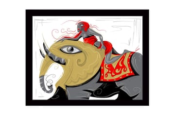 Innrammet trelerretsbilde - 41x56 cm - Elefant med en kvinne i en rød kjole som rir på ryggen - Gull / Rød / Svart - Interiør - Maleri & posters - Lerretsbilder