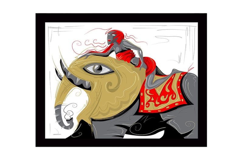 Innrammet trelerretsbilde - 41x56 cm - Elefant med en kvinne i en rød kjole som rir på ryggen, Gull / Rød / Svart