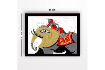 Innrammet trelerretsbilde - 41x56 cm - Elefant med en kvinne i en rød kjole som rir på ryggen - Gull / Rød / Svart - Interiør - Maleri & posters - Lerretsbilder