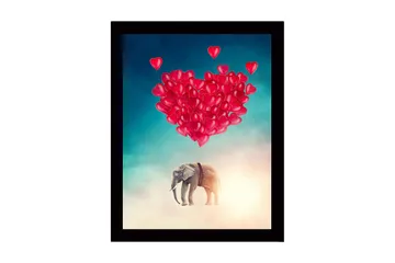 Innrammet trelerretsbilde - 41x56 cm - Elefant som svever med hjerteformede ballonger - Rød / Grå / Turkis - Interiør - Maleri & posters - Lerretsbilder