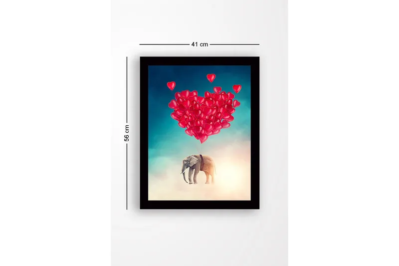 Innrammet trelerretsbilde - 41x56 cm - Elefant som svever med hjerteformede ballonger - Rød / Grå / Turkis - Interiør - Maleri & posters - Lerretsbilder