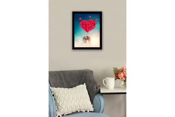 Innrammet trelerretsbilde - 41x56 cm - Elefant som svever med hjerteformede ballonger - Rød / Grå / Turkis - Interiør - Maleri & posters - Lerretsbilder