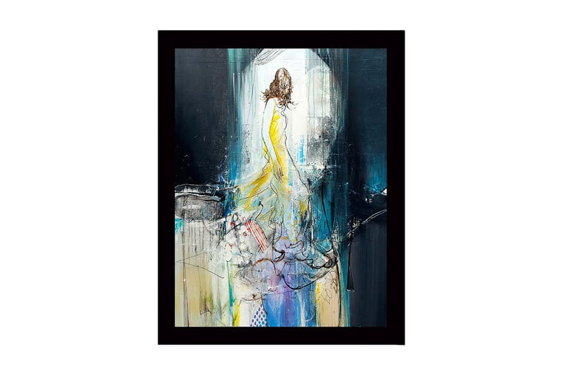 Innrammet trelerretsbilde - 41x56 cm - Elegant kvinne i gul kjole som beveger seg gjennom et drømmeaktig miljø, Gul / Blå / Svart