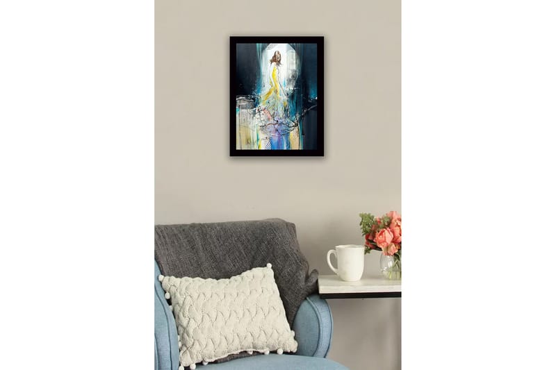Innrammet trelerretsbilde - 41x56 cm - Elegant kvinne i gul kjole som beveger seg gjennom et drømmeaktig miljø - Gul / Blå / Svart - Interiør - Maleri & posters - Lerretsbilder