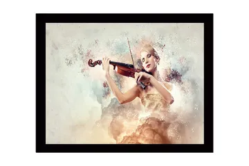 Innrammet trelerretsbilde - 41x56 cm - Elegant kvinne som spiller fiolin omgitt av drømmeaktige skyer - Lys beige / Myk rosa / Gull - Interiør - Maleri & posters - Lerretsbilder