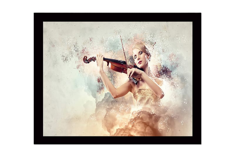 Innrammet trelerretsbilde - 41x56 cm - Elegant kvinne som spiller fiolin omgitt av drømmeaktige skyer, Lys beige / Myk rosa / Gull
