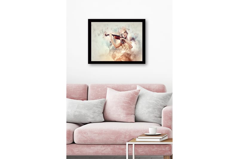 Innrammet trelerretsbilde - 41x56 cm - Elegant kvinne som spiller fiolin omgitt av drømmeaktige skyer - Lys beige / Myk rosa / Gull - Interiør - Maleri & posters - Lerretsbilder